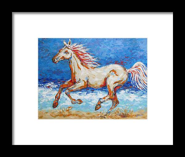  Beach Framed Print featuring the painting Galloping Horse on Beach by Jyotika Shroff