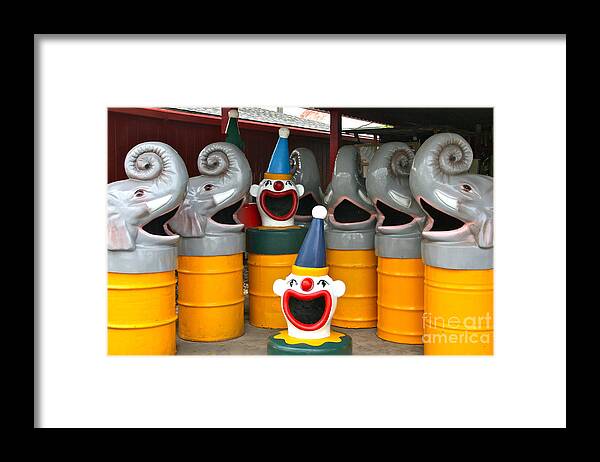 Clown Framed Print featuring the photograph Garbage Can Chorus by Joan McArthur
