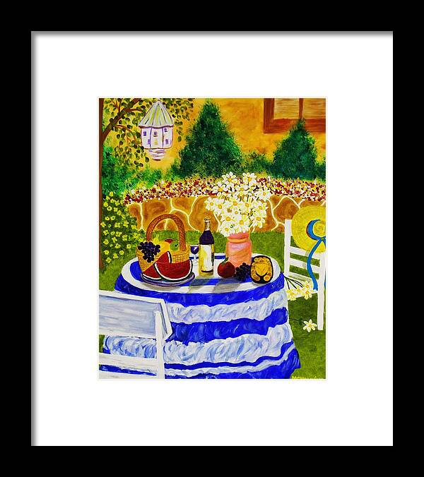 Colorful Backyard Picnic Scene Art Prints Framed Print featuring the painting Garden Party by Celeste Manning