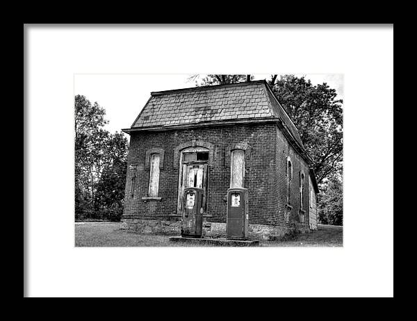 Rural Framed Print featuring the photograph Gas at 41 cents a gallon bw by John Nielsen