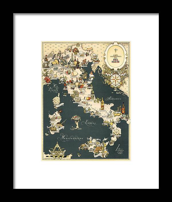 Italy Framed Print featuring the photograph Gastronomic Map of Italy 1949 by Andrew Fare