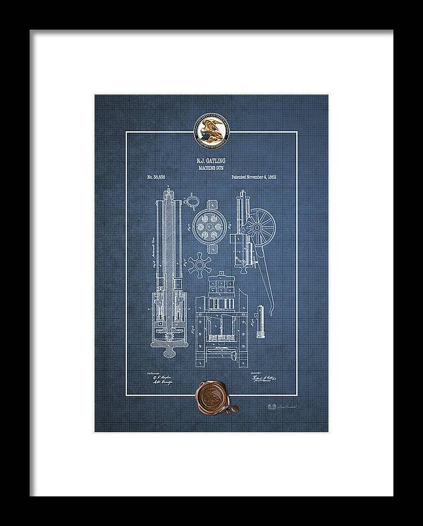 C7 Vintage Patents Weapons And Firearms Framed Print featuring the digital art Gatling Machine Gun - Vintage Patent Blueprint by Serge Averbukh
