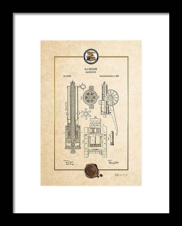 C7 Vintage Patents Weapons And Firearms Framed Print featuring the digital art Gatling Machine Gun - Vintage Patent Document by Serge Averbukh