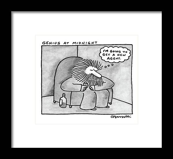 No Caption
Genius At Midnight: Man Sits In An Armchair With A Bottle At His Foot Framed Print featuring the drawing Genius At Midnight by Charles Barsotti
