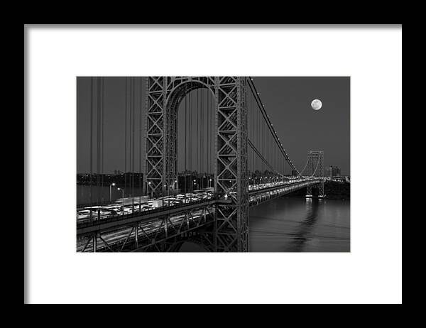 George Washington Bridge Framed Print featuring the photograph George Washington Bridge Moon Rise BW by Susan Candelario
