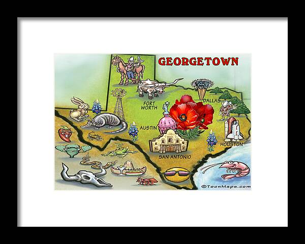 Georgetown Framed Print featuring the painting Georgetown Texas Cartoon Map by Kevin Middleton