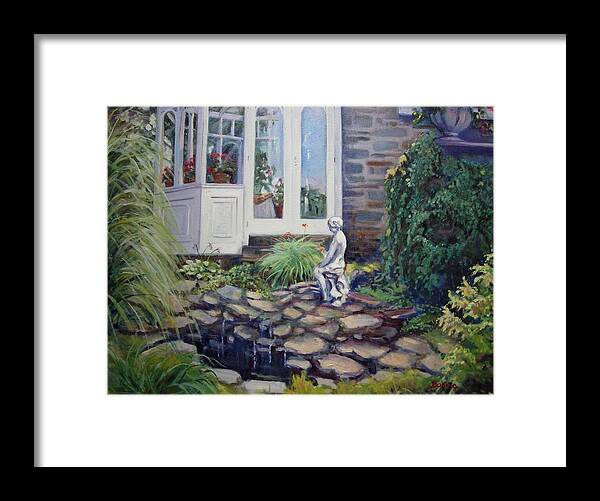 Garden Framed Print featuring the painting Geraniums in the Window by Bonita Waitl