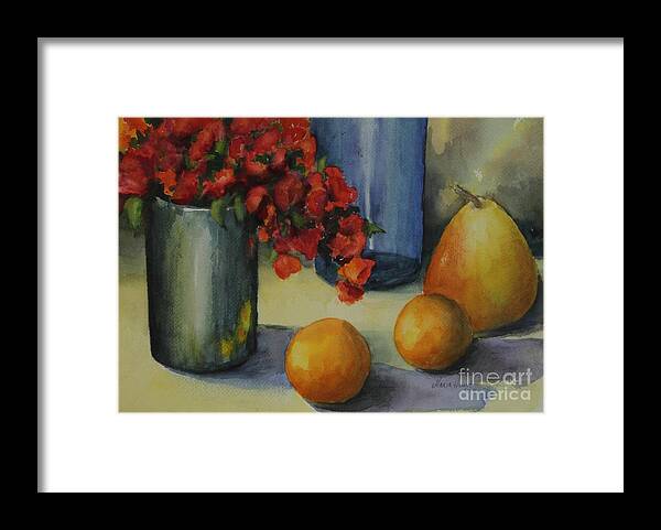 Pewter Vase Framed Print featuring the photograph Geraniums with Pear and Oranges by Maria Hunt