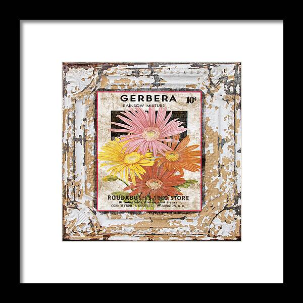 Tin Tile Framed Print featuring the digital art Gerbera on Vintage Tin by Jean Plout