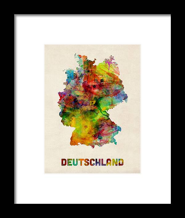 Map Art Framed Print featuring the digital art Germany Watercolor Map Deutschland by Michael Tompsett