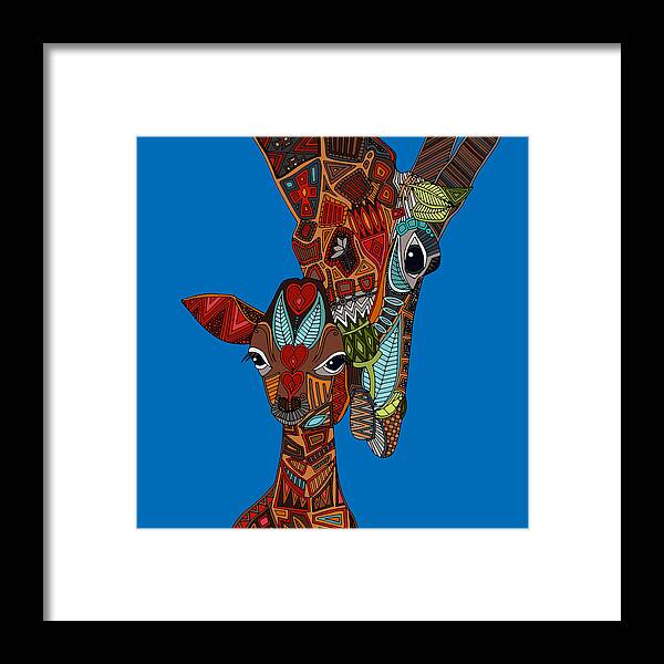 Giraffe Framed Print featuring the drawing Giraffe love blue by MGL Meiklejohn Graphics Licensing