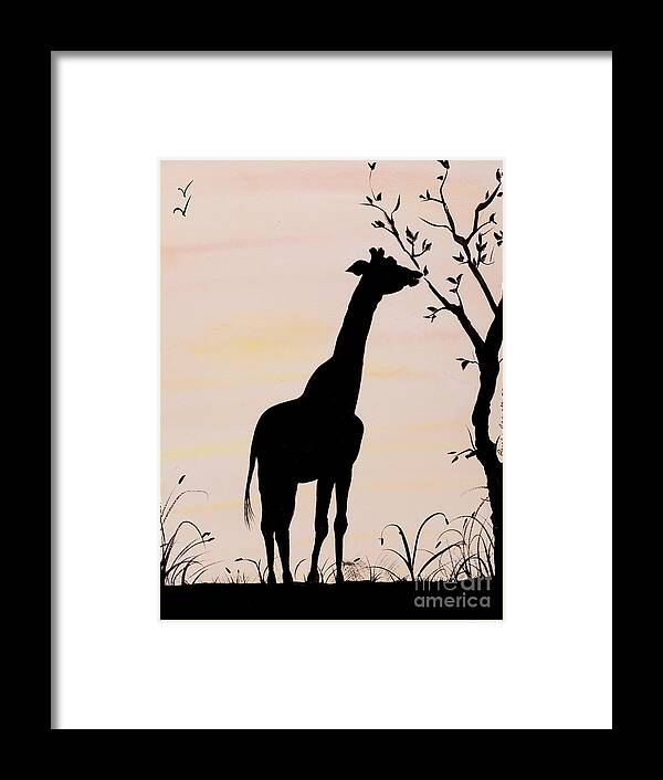 Giraffe Framed Print featuring the painting Giraffe silhouette painting by Carolyn Bennett by Simon Bratt