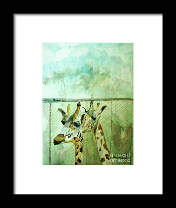 Giraffes Framed Print featuring the painting Giraffe World by Paula Maybery