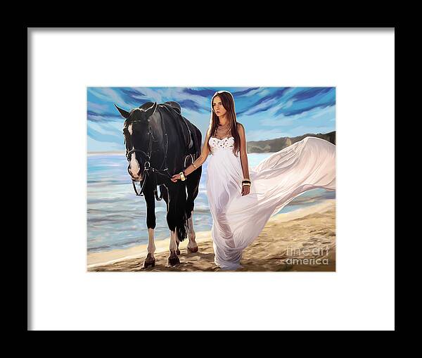 Girl Framed Print featuring the painting Girl and Horse on Beach by Tim Gilliland