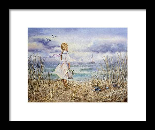 Girl Framed Print featuring the painting Girl At The Ocean by Irina Sztukowski
