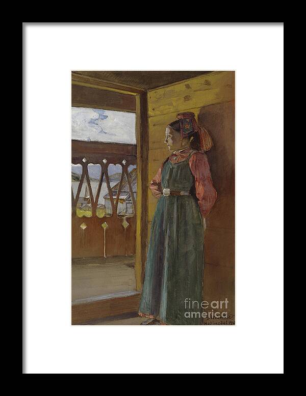 Gerhard Munthe Framed Print featuring the painting Girl from Hallingdal standing in the doorway by Gerhard Munthe