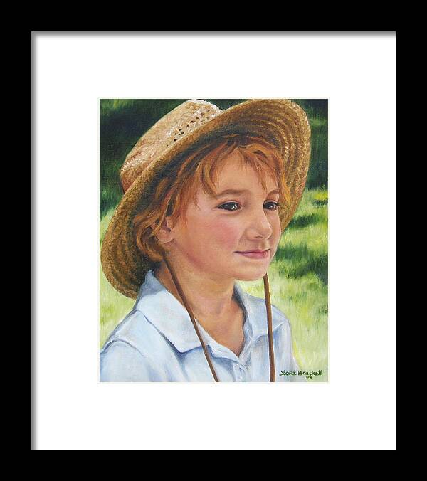 Vertical Framed Print featuring the painting Girl in Straw Hat by Lori Brackett