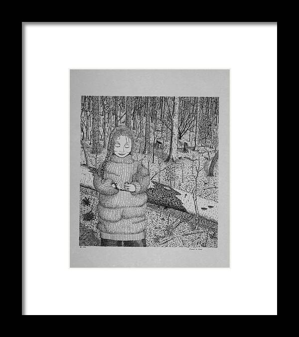 Girl Framed Print featuring the drawing Girl In The Forest by Daniel Reed