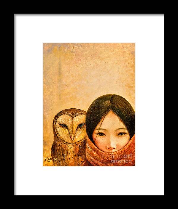 Shijun Framed Print featuring the painting Girl with Owl by Shijun Munns