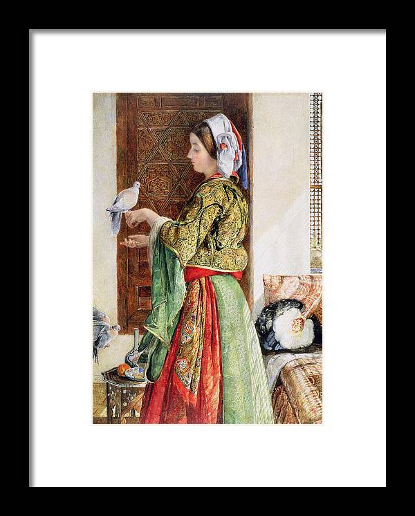 Girl With Two Caged Doves Framed Print featuring the painting Girl With Two Caged Doves, Cairo, 1864 by John Frederick Lewis