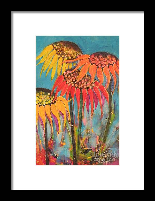 Floral Paintings Framed Print featuring the painting Glowing Sunflowers by Lyn Olsen