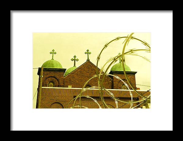 God And Razor Wire Framed Print featuring the photograph God and Razor Wire by Kris Rasmusson