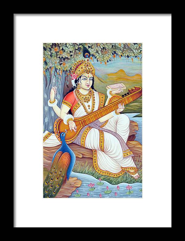 Goddess Saraswati Framed Print featuring the painting Goddess Saraswati by Dinodia