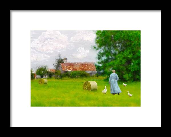 Painting. Farm. Farm Yard. Pasture. Barn Silo. Picnic Table. Bale Rolls Of Hay. Ducks. Farm Lady. Farm Woman. Trees. Grasses. Cloudy Skies. Nature. Landscape. Photography. Digital Art. Fine Art. Framed Art. Cell Phone Covers. Posters. Prints. Greeting Cards. Spring. Framed Print featuring the photograph God's Little Acre by Mary Timman