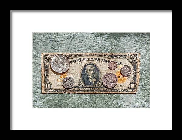 Gold Certificate And Silver Coins Framed Print featuring the photograph Gold Certificate and Silver Coins Ver 1 by Randy Steele