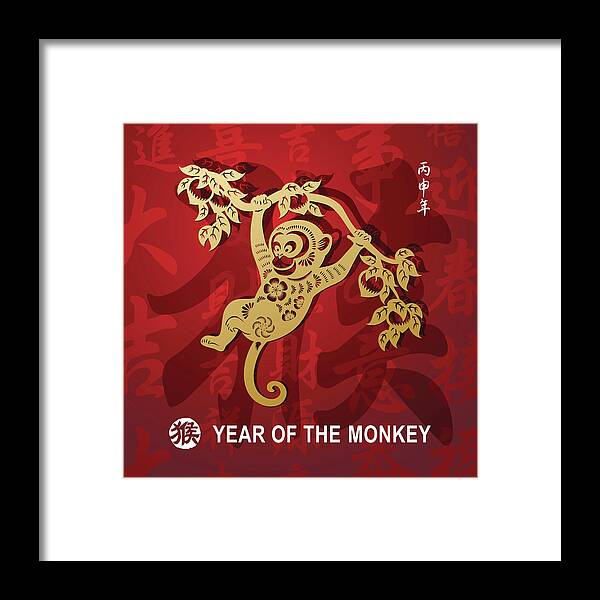 Chinese Culture Framed Print featuring the digital art Golden Papercut Art Monkey In Red by Exxorian