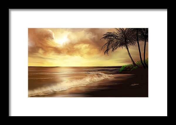Sea Scape Art Framed Print featuring the digital art Golden sky over tropical beach by Anthony Fishburne