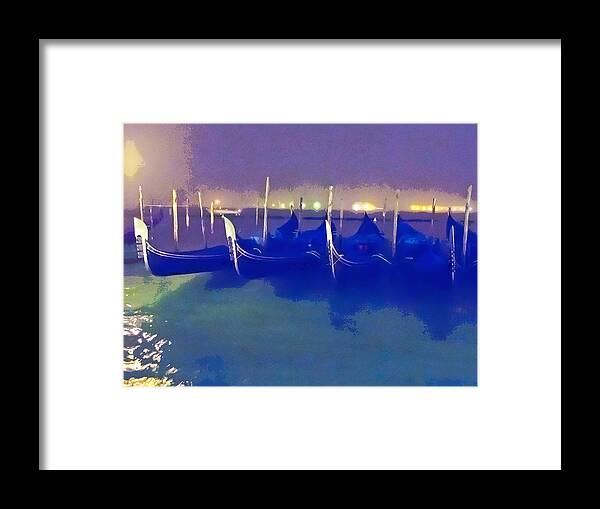Italy Tour* Venice Gondolas Fog Night Parked Framed Print featuring the photograph Gondolas at night by David Coblitz