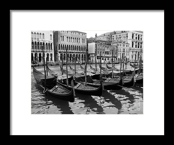 Gondolas In Black Cityscapes Framed Print featuring the photograph Gondolas In Black by Mel Steinhauer