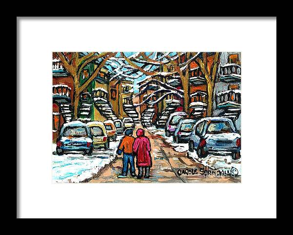 Montreal Framed Print featuring the painting Good Day In January For Winter Stroll Snowy Trees And Cars Verdun Street Scene Painting Montreal Art by Carole Spandau