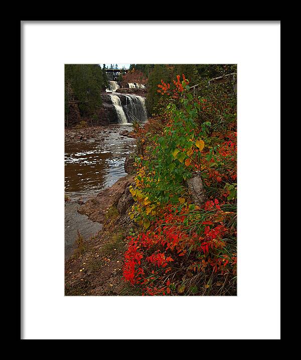 Peterson Nature Lovers North Shore Lake Superior Gooseberry Falls State Park Parks Northern Minnesota Mn Fall Autumn Color Colors Water In Motion Waterfall Waterfalls Falls Rugged Rock Rocks Rocky Terrain Landscape Landscapes Scene Scenic Beautiful Captivating Cascade Cascading River Rivers Superior's Red Foliage Natural Outdoor Outside Tranquil Flowing Scenery Midwest Flow Usa Travel Pretty Dramatic Powerful Spectacular Woods Colorful Undergrowth Iconic Icon Popular Destination Vacation Cabin Framed Print featuring the photograph Gooseberry Foilage by James Peterson