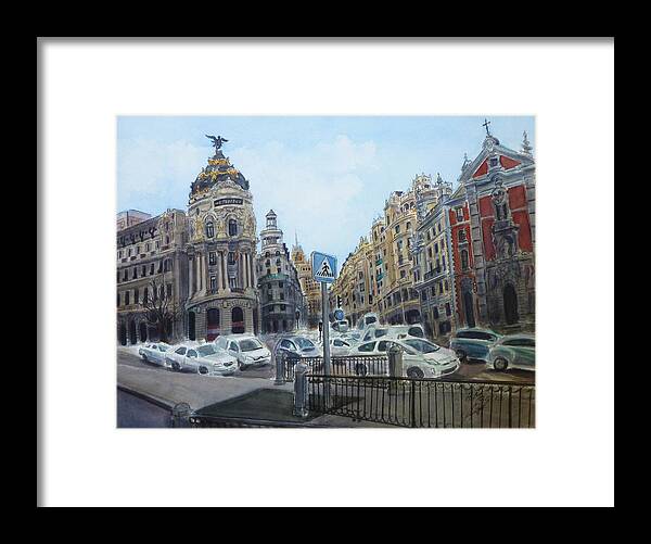 Gran Via Framed Print featuring the painting Gran Via Madrid by Henrieta Maneva