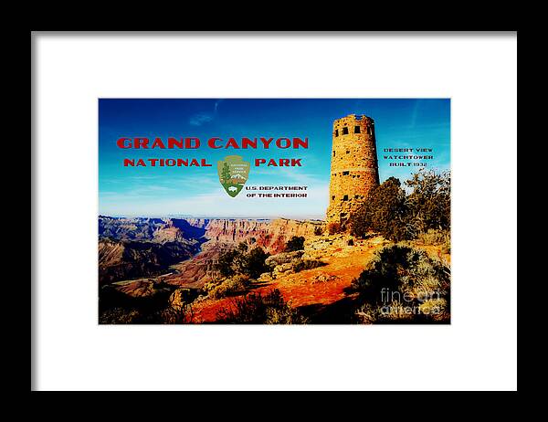 Travelpixpro Framed Print featuring the digital art Grand Canyon National Park Poster Desert View Watchtower Retro Future by Shawn O'Brien