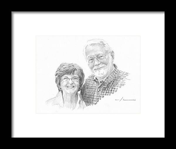 <a Href=http://miketheuer.com Target =_blank>www.miketheuer.com</a> Grandparents Pencil Portrait Framed Print featuring the drawing Grandparents Pencil Portrait by Mike Theuer