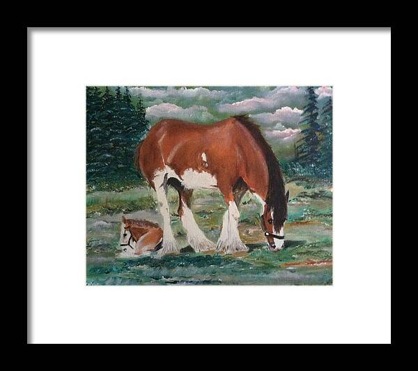 Art Framed Print featuring the painting Grazing Horses by Ryszard Ludynia