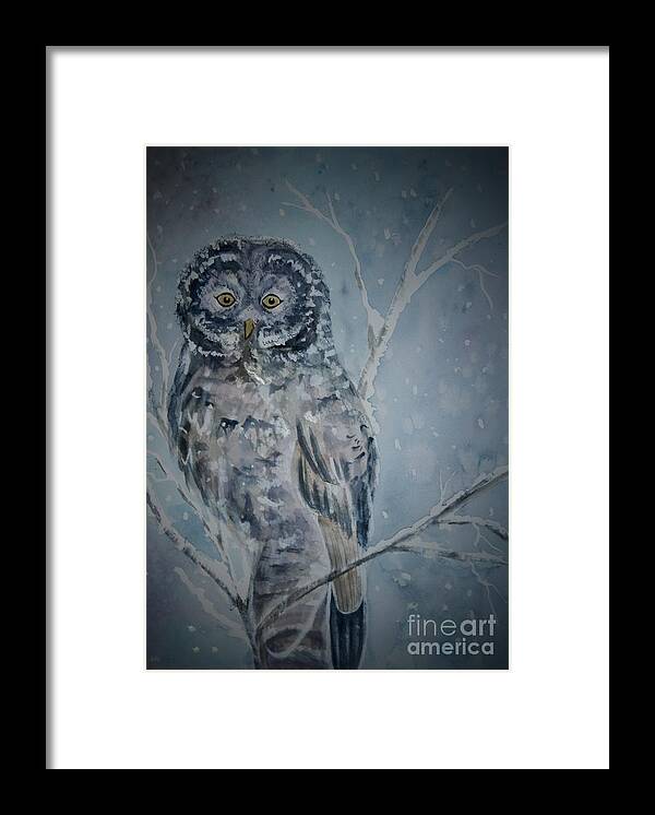 Owl Framed Print featuring the painting Great Gray Owl Dark of Night by Ellen Levinson