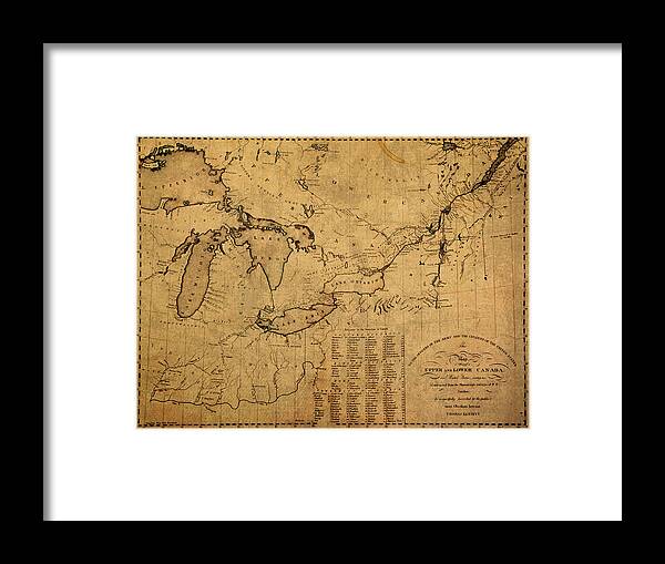 Great Lakes Framed Print featuring the mixed media Great Lakes and Canada Vintage Map on Worn Canvas Circa 1812 by Design Turnpike