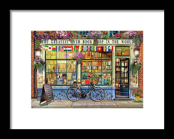 Bookshop Framed Print featuring the painting Greatest Bookshop In The World by MGL Meiklejohn Graphics Licensing