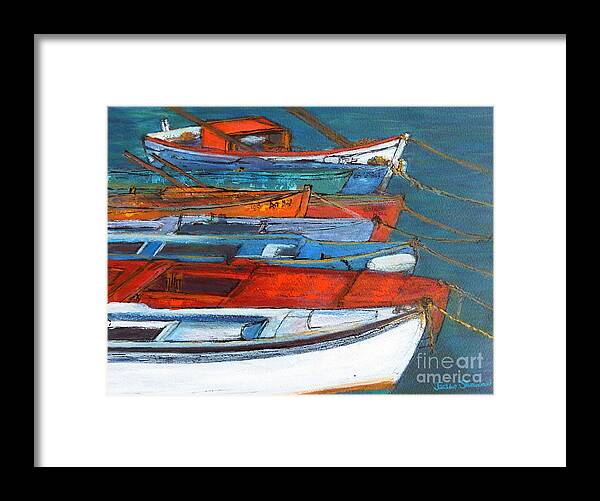  Framed Print featuring the painting Greek Boats - Methoni by Jackie Sherwood