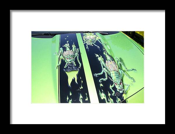 Bugs Framed Print featuring the photograph Green Fire Camaro Hood by Duncan Mackie