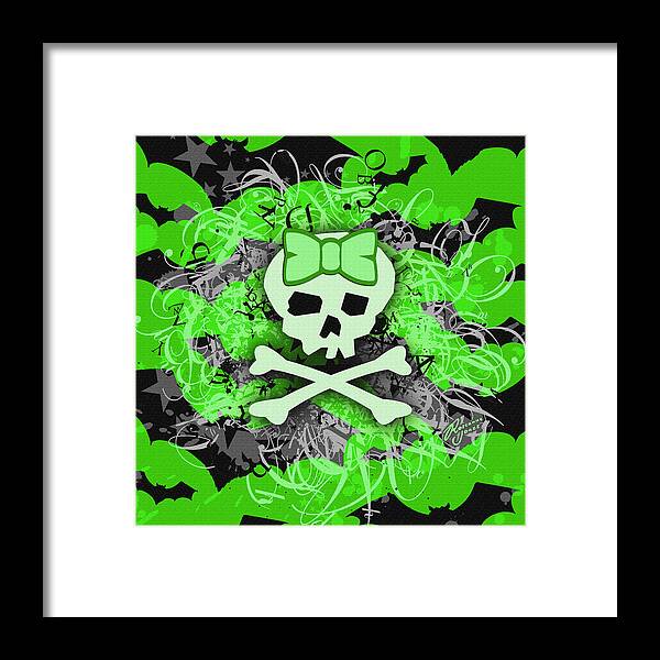 Green Framed Print featuring the digital art Green Girly Bat Skull by Roseanne Jones