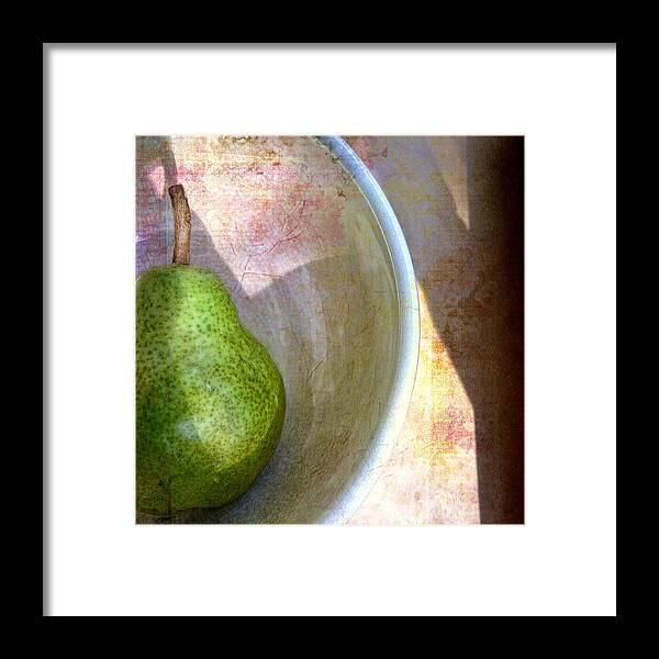 Fruit Framed Print featuring the photograph Green Pear with Flowered Background Still Life by Louise Kumpf