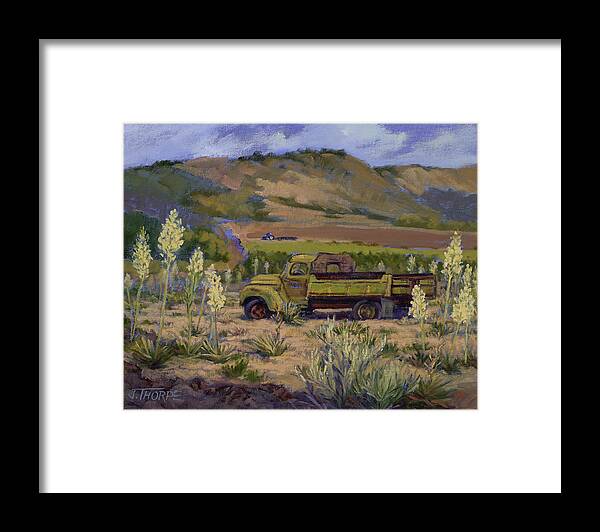 Green Truck Framed Print featuring the painting Green Truck- Blooming Yuccas by Jane Thorpe