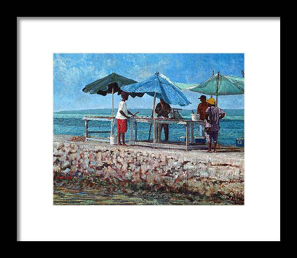 Marsh Harbour Framed Print featuring the painting Green Umbrellas by Ritchie Eyma