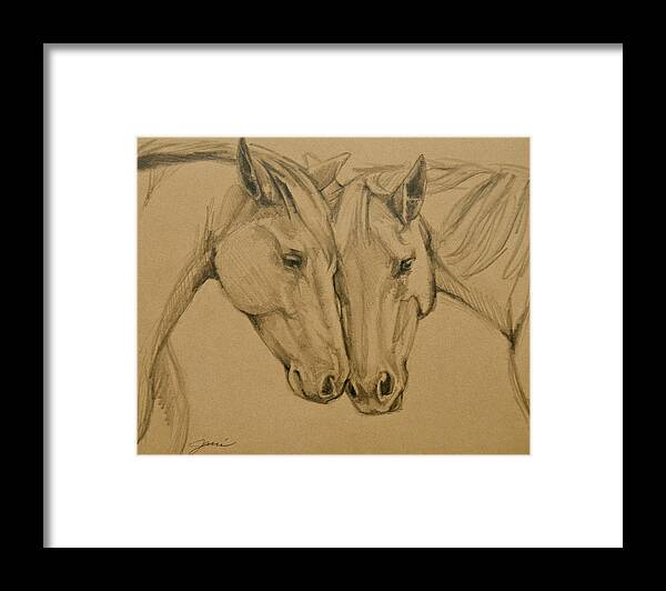 Horses Framed Print featuring the drawing Greetings Friend by Jani Freimann