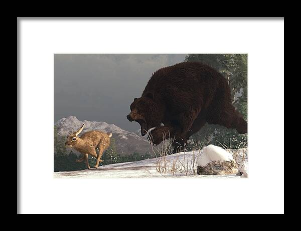 Bear Framed Print featuring the digital art Grizzly Bear Chasing Rabbit by Daniel Eskridge